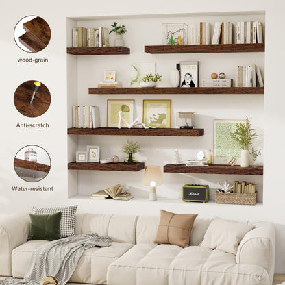 Acovy 30 Inch Floating Shelves, 12" Deep Floating Shelf Wall Mounted, 30" Wall Shelves, Rustic Deep Bookshelf, Extra Deeper & Thicker Display Shelves for Bedroom, Living Room, Brown, Set of 2