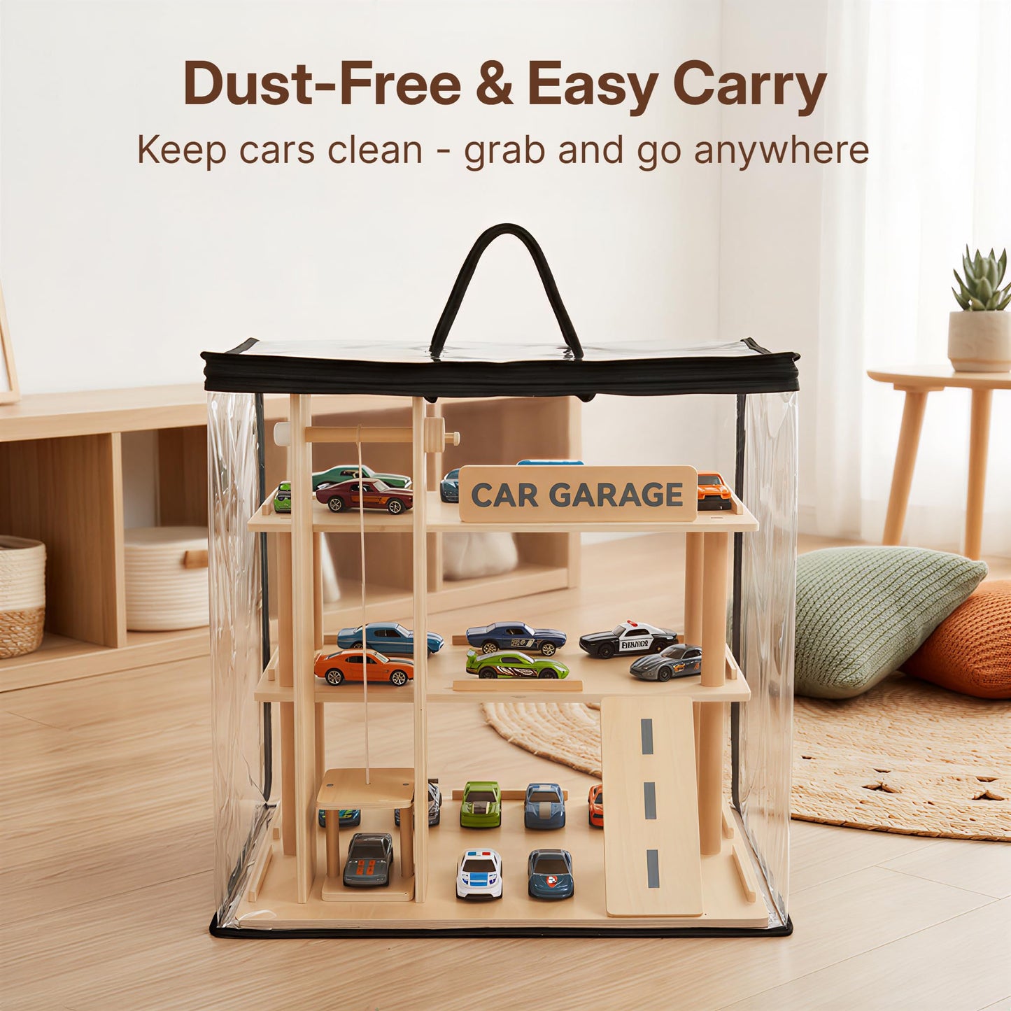 Woodtoe Wooden Display Case for Hot Wheels & Matchbox, 1/64 Scale Diecast Toy Car Display Shelf for 70 Cars, Toy Car Parking Garage Rank with Ramp & Lift, Model Toy Cars Storage Organizer for Kids 3+