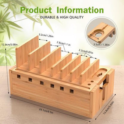Pezin & Hulin Bamboo Charging Station for Multiple Devices with 5 Port USB Charger, 5 Cables and Watch Stand. Wood Desktop Docking Stations Organizer for Cell Phone, Tablet, Watch, Office Accessories
