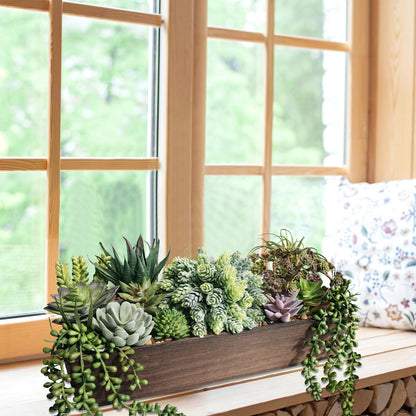 Winlyn Artificial Succulent Arrangement 15" Assorted Succulents Plants in Brown Rectangular Wooden Box Faux Potted Succulents Plant for Farmhouse Home Table Centerpiece Mantel Shelf Kitchen Décor
