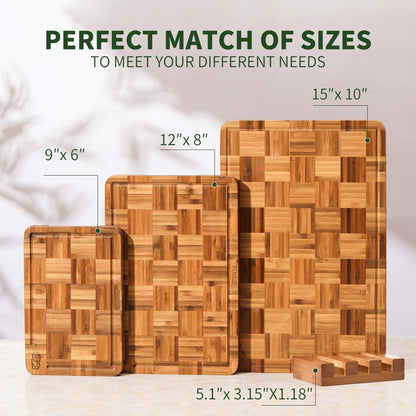 BAMBANG Bamboo Cutting Board for Kitchen with Juice Groove, End-Grain Butcher Block Chopping Boards, Checkered Wooden Cutting Boards Set of 3 with Stand, Knife-Friendly, Serving Tray