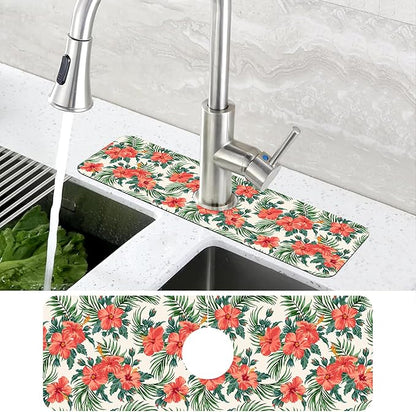 Tropical Leaves and Red Floral Kitchen Sink Splash Guard Mat Absorbent Fast