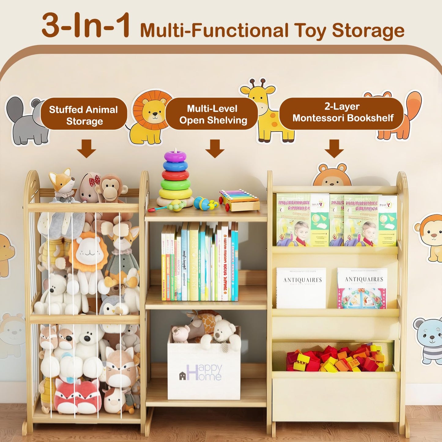 Orekemo Kids Bookshelf and Toy Storage Organizer, 3-Tier Book Shelf with Stuffed Animal Storage, Kids Toy Book Storage for Bedroom Playroom, Wooden Toy Organizer with 3 Shelves, 49.4" W