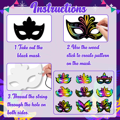 90shine 60 Sets Black Scratch Masks Crafts Magic Craft Art Kit Masquerade Dress up Party Decorations Favors Activities Bulk