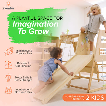 Avenlur Cherry 5-in-1 Wooden Indoor Climber – Montessori Toddler Play Gym with Slide, Rock Wall, Rope Ladder, Sensory Panel & Swing – Indoor Playground for Kids Ages 18 Months to 5 Years