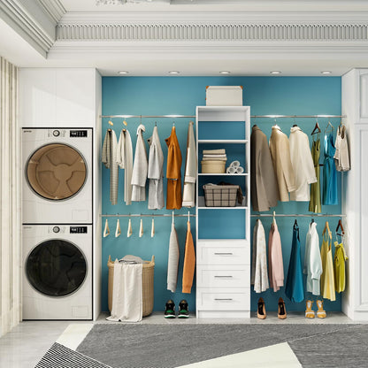 Closet System, 5FT-8FT Closet Organizer System with 3 Wooden Drawers, 99" Walk In Closet Organizer and Storage with 4 Expandable Hanging Rods, Wall Mount, White
