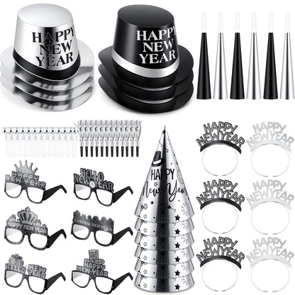 Junkin 54 Pcs New Years Eve Party Supplies 2026 Kit for 24 Guests Include Top Hats Cone Hats Glasses Headbands Blowing Dragon Trumpet Happy New Year Decorations Bulk Party Favors (two-tone)