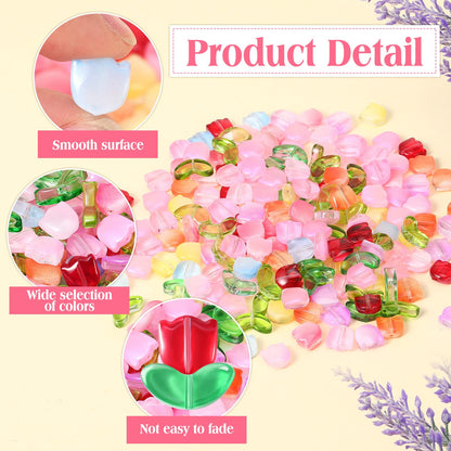 Huquary 320 Pcs Colorful Translucent Tulip Flower Beads Handcrafted Tulip Glass Spacer Bead Crystal Loose Glass Flower Beads for Jewelry Making Earring Bracelet DIY Craft Spring Summer Gifts