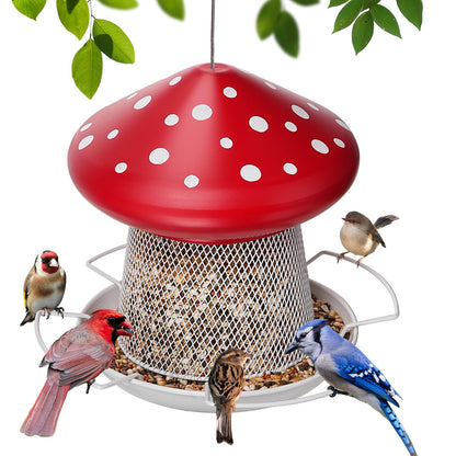 IWNTWY Bird Feeder, Heavy Duty Metal Bird Feeders for Outdoor Hanging, Cute Mushroom Shape Wild Birdfeeder for Outside Garden Yard (Red)