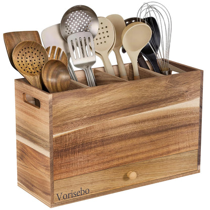 Vorisebo Acacia Wood Kitchen Utensil Holder for Countertop, Large Wooden Utensils Holder with 4 Compartment, Farmhouse Utensil Caddy with Drawer for Storage Cooking and Silverware