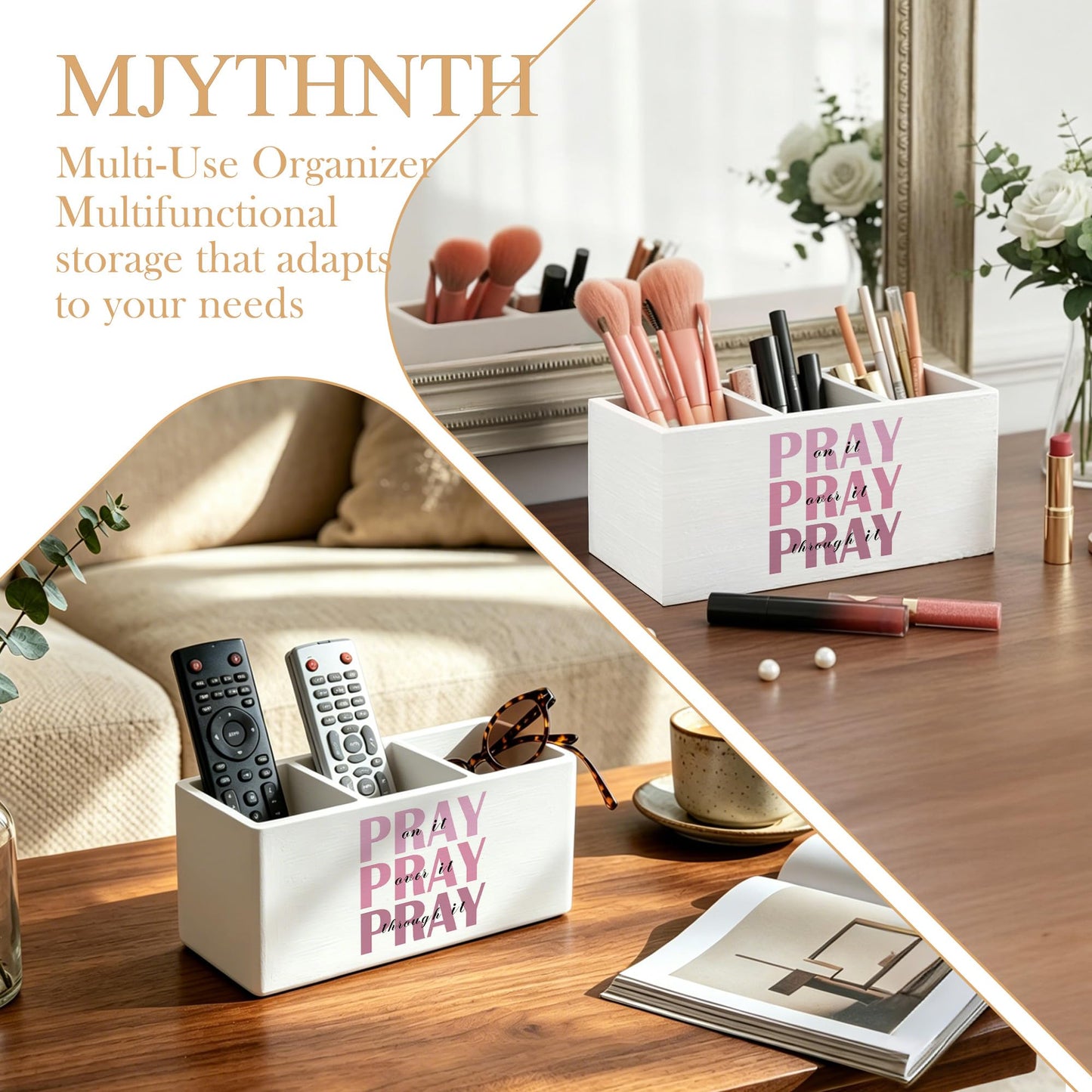MJYTHNTH Pink Inspirational Bible Verse Pencil Pen Holder for Desk, Christian Gifts for Women, Pray on Over Through It Wooden Box Sign Pen Holder Organizer for Home Office Desk Accessories