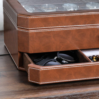ROTHWELL 12 Slot Leather Watch Box with Valet Drawer - 12 Slot Luxury Watch Case Display Organizer, Microsuede Liner, Mens Accessories Holder, Jewelry Case, Jewelry Display Organizer (Tan/Brown)