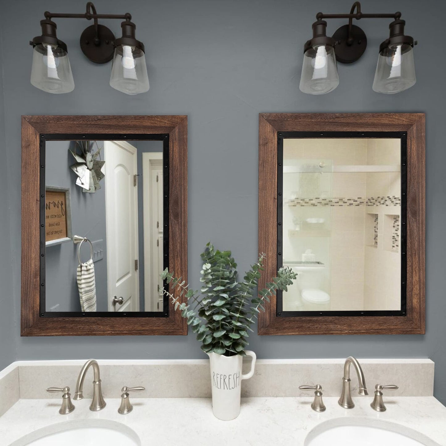 YOSHOOT Rustic Wooden Framed Wall Mirror, 48"x30", Natural Wood and Iron Bathroom Vanity Mirror for Farmhouse Decor, Vertical or Horizontal Hanging