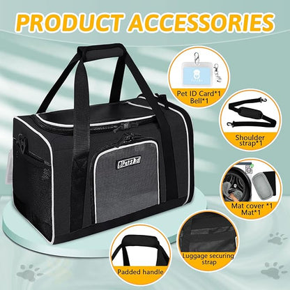 Petskd Pet Carrier 18x11x11 Delta American United Airline Approved, Pet Travel Carrier Bag for Small Cats and Dogs, Cat Soft Sided Carrier with Safety Lock Zippers, 5-Sided Breathable Mesh(Black)
