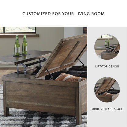 Signature Design by Ashley Moriville Rustic Hinged and Lift Top Cocktail Table with Hidden Storage, Light Brown