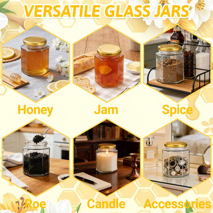 Haneye 6 oz Hexagon Glass Jars with Gold Lids, 30 Pack Honey Jars Canning Jars Small Spice Jars for Jelly, Herb, Jams, Candy, Wedding Favors, Includes Labels and Pen