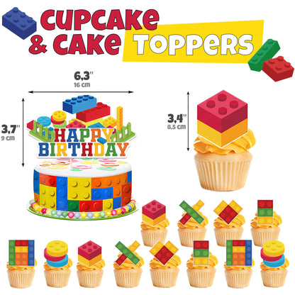 Birthday Decorations 6 Year Old Boy – 6th or 9th Birthday Decorations – Building Blocks Party Kit – Number 9 or 6 Balloons, Banner, Cupcake & Cake Toppers – Brick Theme Party Supplies for Boys 6 or 9