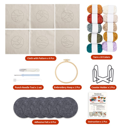 Temlum Punch Needle Coasters Kit, Punch Needle Embroidery Kits for Adults and Beginners - Including Patterns, Tools, Yarns, Hoop, Instruction, Coaster Holder Art Craft Supplies - Landscape