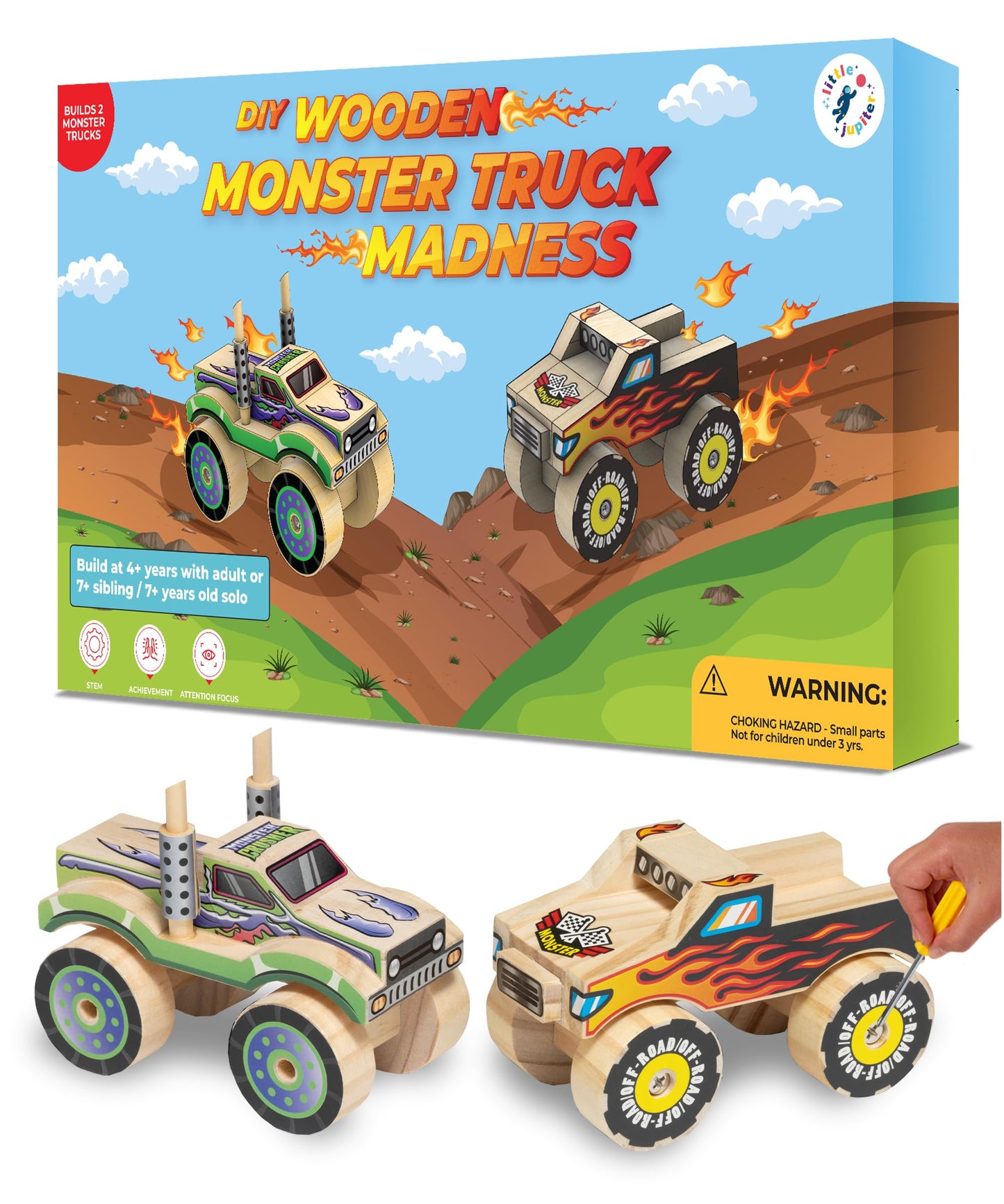 Little Jupiter DIY Wooden Kits w/Stickers - Kids Building Kit - Stem Toys for Ages 4-7 - Wood Crafts for Kids - Woodworking Kits (Monster Truck 1 & 2)