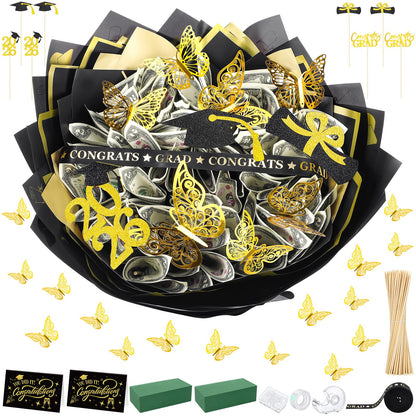 Colingmill Graduation Money Bouquet Kit 30 Sheet Flower Wrapping Paper 100 Pcs Skewers Floral Butterflies Rhinestone Pin Foam Blocks Ribbons Greeting Cards for DIY Congratulation Graduate Gift