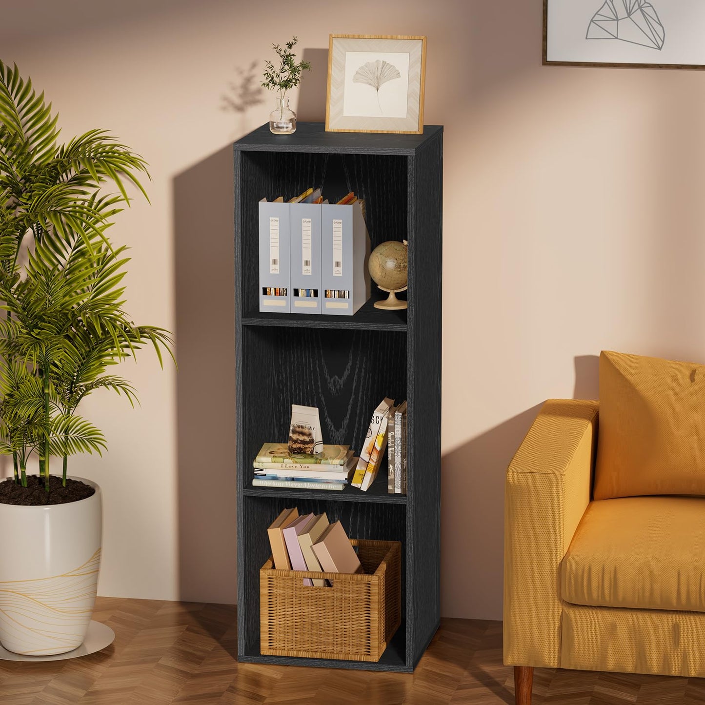 Nestwise 3 Tier Bookshelf, Narrow Bookcase for Small Spaces, Wooden Book Case Bookshelves Storage Organizer for Bedroom Living Room Home Office (Black, 3 Cube)