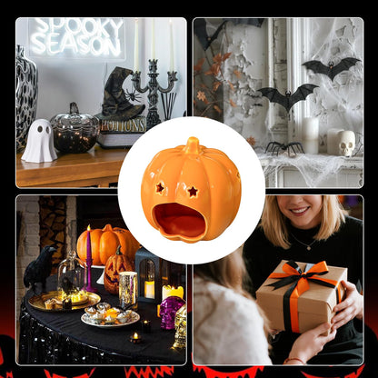 Halloween Ceramic Candle Holder Decorations Pumpkin Candle Holder Halloween Tabletop Decorative for Home Office Table Centerpiece, Cute Pumpkin Tealight Candlestick