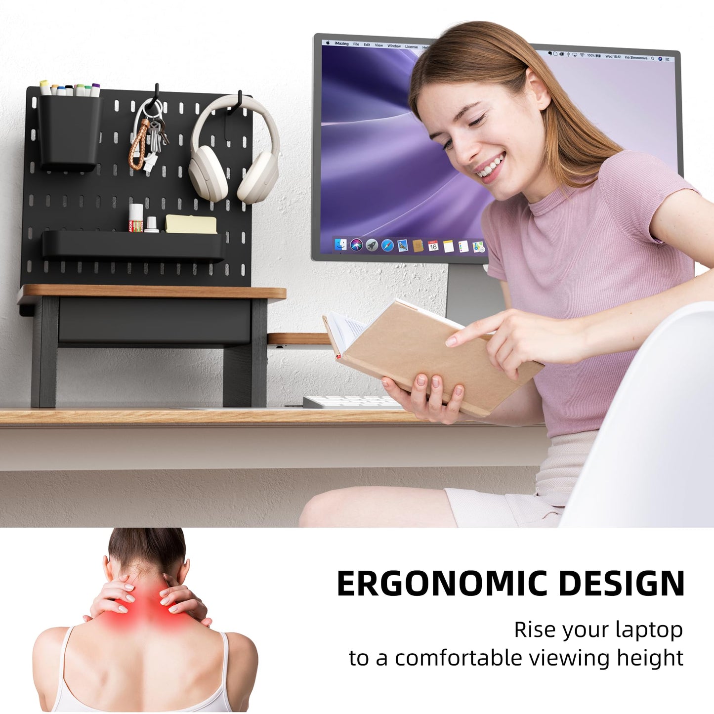 AFOOYO Monitor Stand Riser,Computer Monitor Stand with DIY Pegboard and drawer for Laptop,PC,Computer,Printer,Walnut Finish