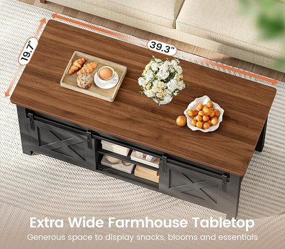 SEDETA Lift Top Coffee Table, Farmhouse Lift Tabletop Dining Table, Gas Spring, Hidden Compartment, Open Storage Shelf, for Living Room, Black Brown