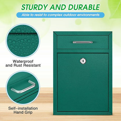 Yaocom Locking Mailbox with Key for Outdoor 12.2 x 8.5 x 3 Inches Large Wall Mount Mail Box with Lock Security Mail Drop Metal Collection Boxes Hanging Secure Postbox(Green)