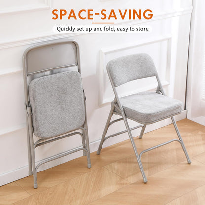 TAO ONE Padded Folding Chairs - Comfortable Folding Chair with Cushion - Heavy Duty Metal Folding Chair Upholstered Fabric Padded Seat - Cushioned Folding Chairs for Indoor Office Vanity -Grey