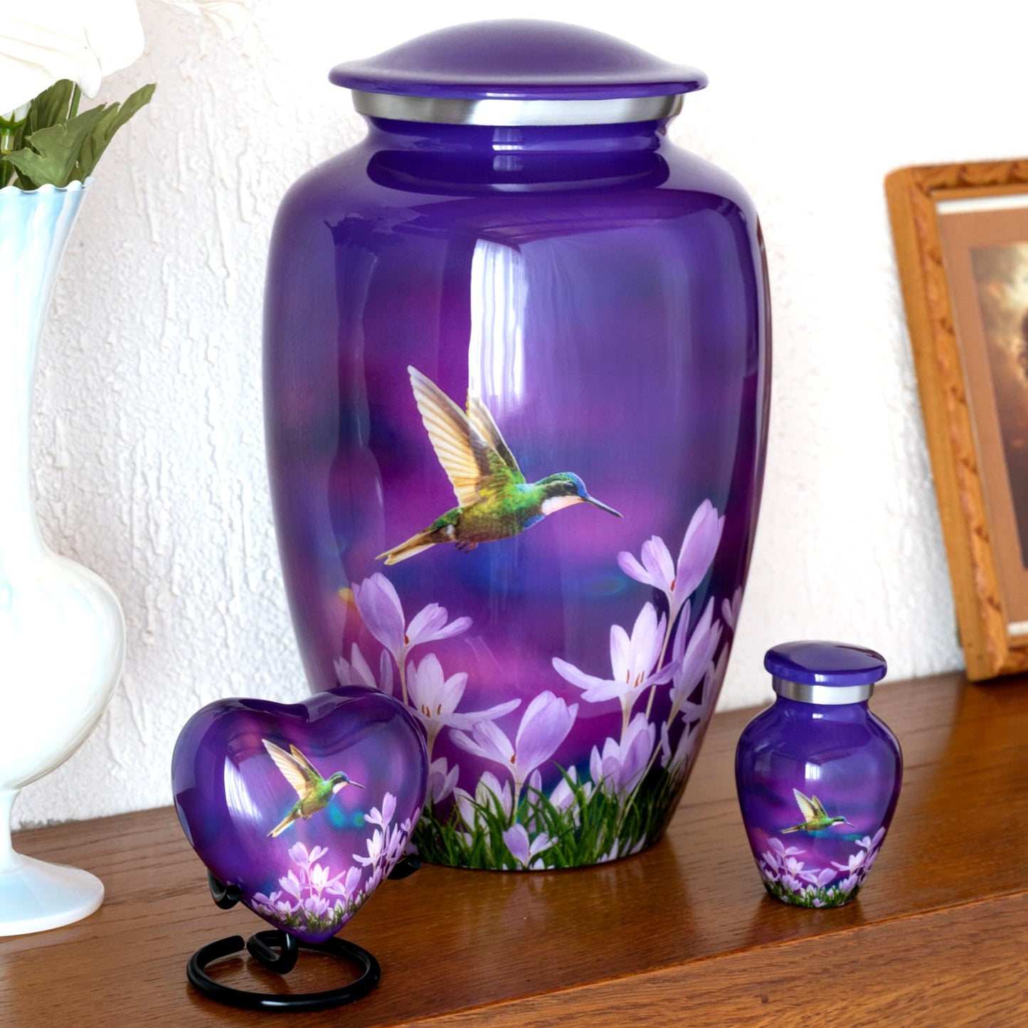Olivia Memorials Urn for Ashes Women Men Adult | Hummingbird Urns for Female Male | Free Pendant Necklace | Human Funeral Decorative Purple Urna for Mom Dad Pet Dog