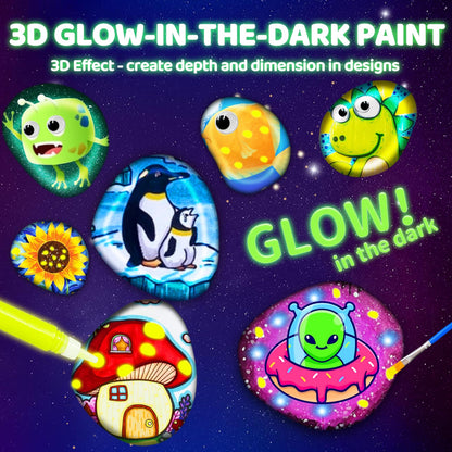 MindPal Kids Rock Painting Kit, 14 Pebbles for Painting - Glow in The Dark Rock Kit - Arts and Crafts for Kids Ages 6-12, Birthday Christmas Gift for Boys and Girls