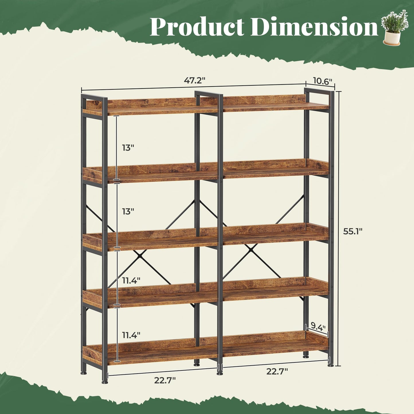 Huuger 5 Tier Bookshelf, Display Bookshelf with 10 Open Shelves and Raised Baffle, 47.2 Inch Straight Wide Bookcase with Metal Frame and Wooden Board, Adjustable Feet, Rustic Brown