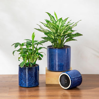 vancasso Ceramic Plant Pots, 4.25+5.25+6.25 Inch Planter Pot with Drainage Hole, Flower Pots for Indoor Outdoor Plants, Set of 3, Blue