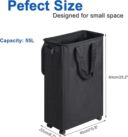 Slim Laundry Hamper with Lid and Wheels, Small Rolling Laundry Basket with