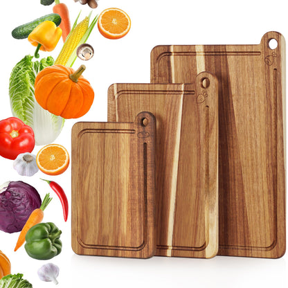 3 Pack Cutting Board Set, Acacia Wood Cutting Boards for Kitchen, Chopping Board with Deep Juice Grooves & Built-in Handle, Charcuterie & Chopping for Meat, Vegetables and Cheese
