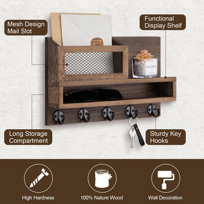 Lucundm Key Holder for Wall, Mail Organizer Wall Mount with Storage Compartment and 5 key Hooks for Coat, Dog Leash, Stylish Mesh Mail Holder, Home Decor Entry Way Organizer