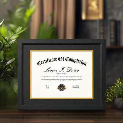 Decobility 8.5x11 Diploma Frame with Black Gold Double Mats, 11x14 Picture Frame Matted for 8.5 by 11 Document, Wall & Tabletop Display Certificate Frame with Tempered Real Glass, Black, Set of 2