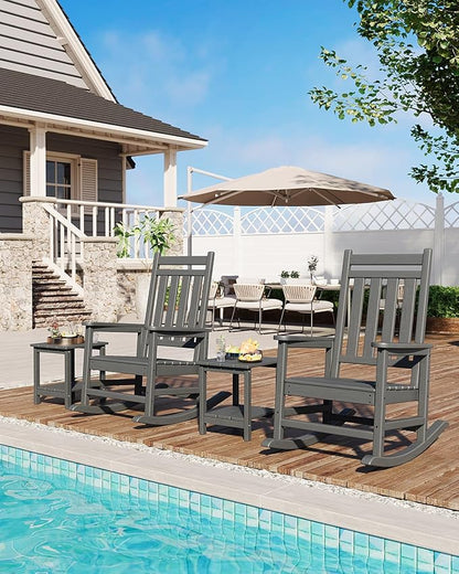 Poly Lumber Rocking Chair Outdoor Set of 6- HDPE High Back Porch Rocker Chairs for Adults - All Weather Resistant Furniture for Patio - Gray