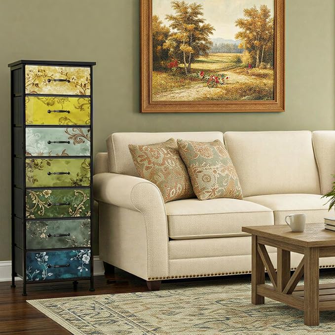 Fixwal Vintage Flower Tall Dresser for Bedroom, Storage Dresser Organizer with 7 Fabric Drawers, Nightstand Furniture in Closet, Entryway