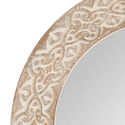 Kate and Laurel Engrahm Rustic Engraved Wooden Round Mirror, 26 Inch Diameter, Rustic Brown and White, Modern Farmhouse Distressed Circle Mirror for Use as Bathroom Mirror for Over Sink