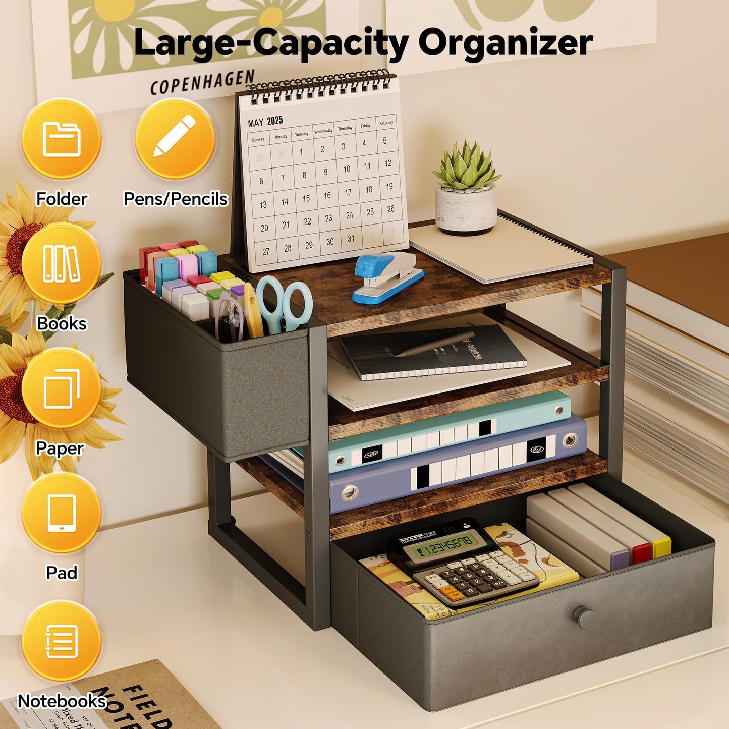 Desk Organizers and Accessories, 4-Tier Paper Letter Tray File Organizer with Fabric Drawer & 3 Pen Holder, Office Desk Accessories Workspace Desktop Organizer for Office Supplies, Rustic Brown