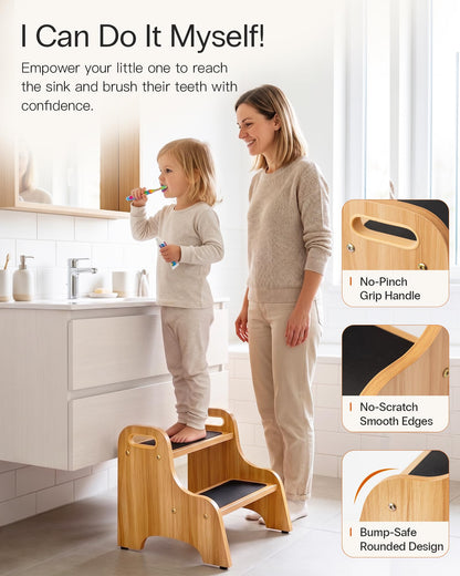 StrongTek Wooden 2 Step Stool, Non-Slip Surface with Handles, 350 lb Capacity, Compact Step Stools for Bathroom, Kitchen, Bedroom and Home Use (Natural)