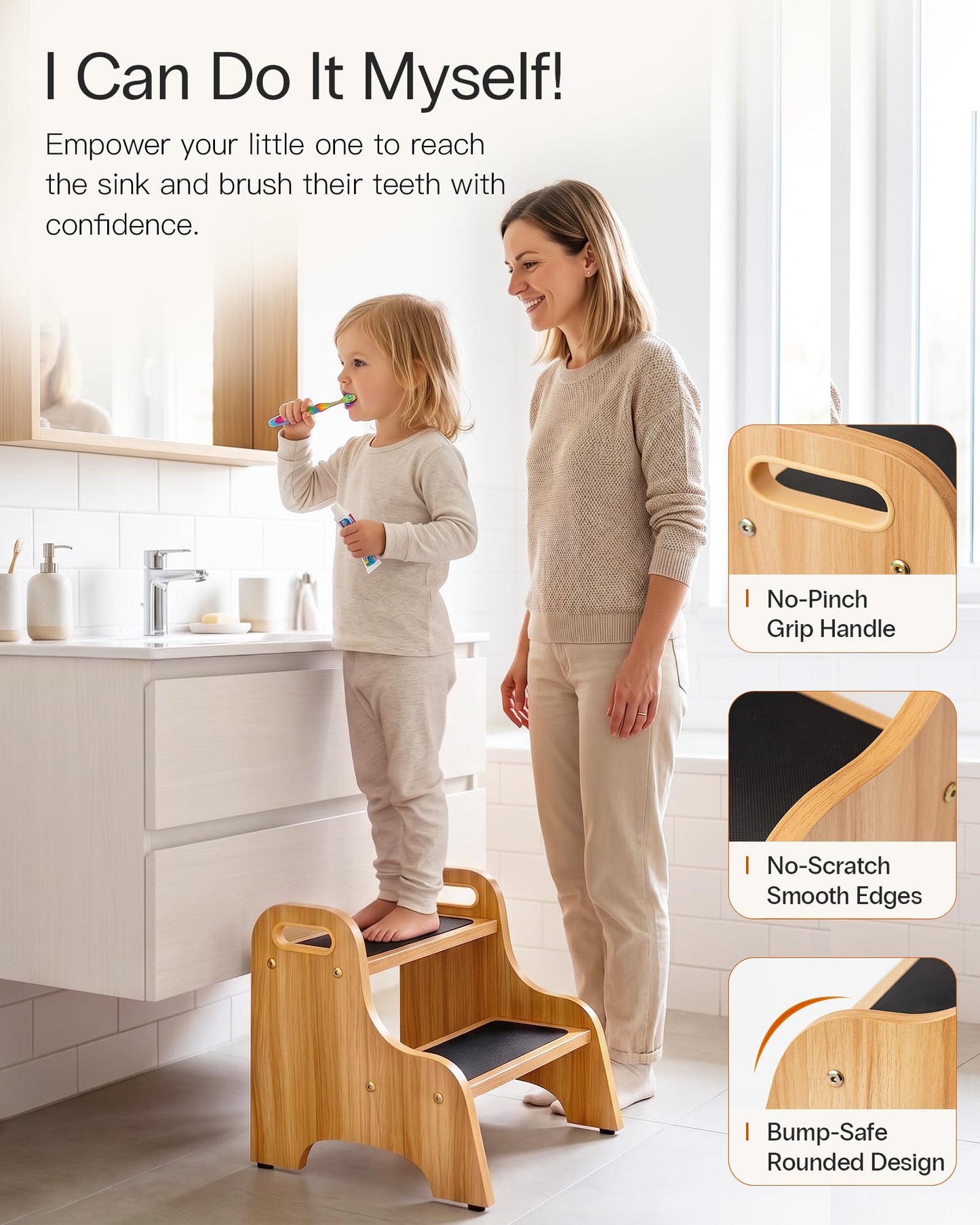 StrongTek 2 Pack Wooden 2 Step Stools, Non-Slip Surface, Skid-Resistant Foot Pads, 350 lb Capacity, Portable with Handles, Sturdy Step Stool for Kitchen, Bathroom, Bedroom and Home Use
