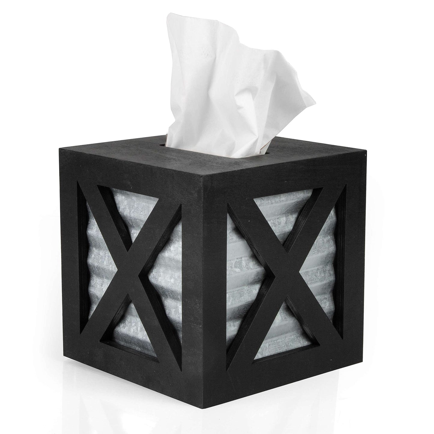 Crutello Wooden X Frame Tissue Box Cover with Galvanized Siding Backing- Rustic Farmhouse Black Wood Tissue Holder