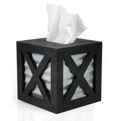 Crutello Wooden X Frame Tissue Box Cover with Galvanized Siding Backing- Rustic Farmhouse Black Wood Tissue Holder