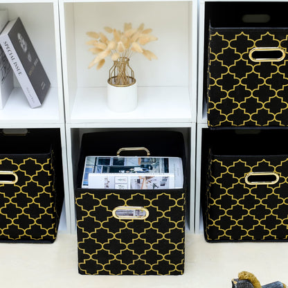 Yunkeeper Fabric storage bins Cubes, Fabric Cube Organizer with Handle, Foldable Cube Bins for Cloth or Accessary Storage, 11x11x11, Set of 3, (Black Gold)