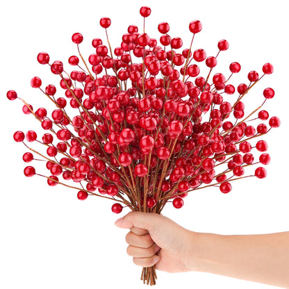 Quancru 10 Pcs Artificial Red Berries Stems 13.5" Christmas Holly Berry Branches Fake Pomegranate for Home Holiday Wedding New Year Wreath DIY Crafts Vase Floral Picks Decorations