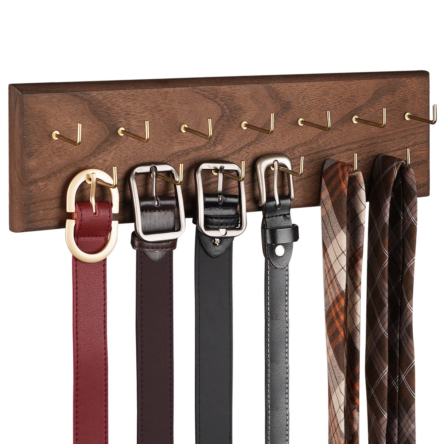 Creproly Belt Organizer - Wall Mounted Hanger for Closet, Holds Over 28 Belts - Wooden Rack with Tie and Scarf Storage (Brown)