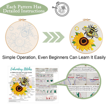 Nuberlic 3 Pack Embroidery Kit for Beginner Adults, Cross Stitch Set with Cute Bee Patterns, Includes Cloth, Hoops, Threads, Needles, Instructions